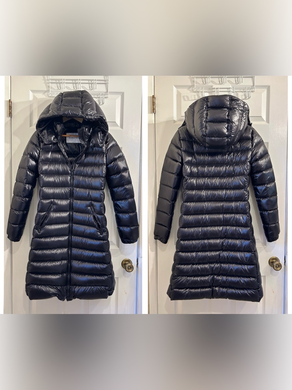 NWOT Babaton Hudson Puffer Coat Glossy Black Hooded Long Down Jacket Size S